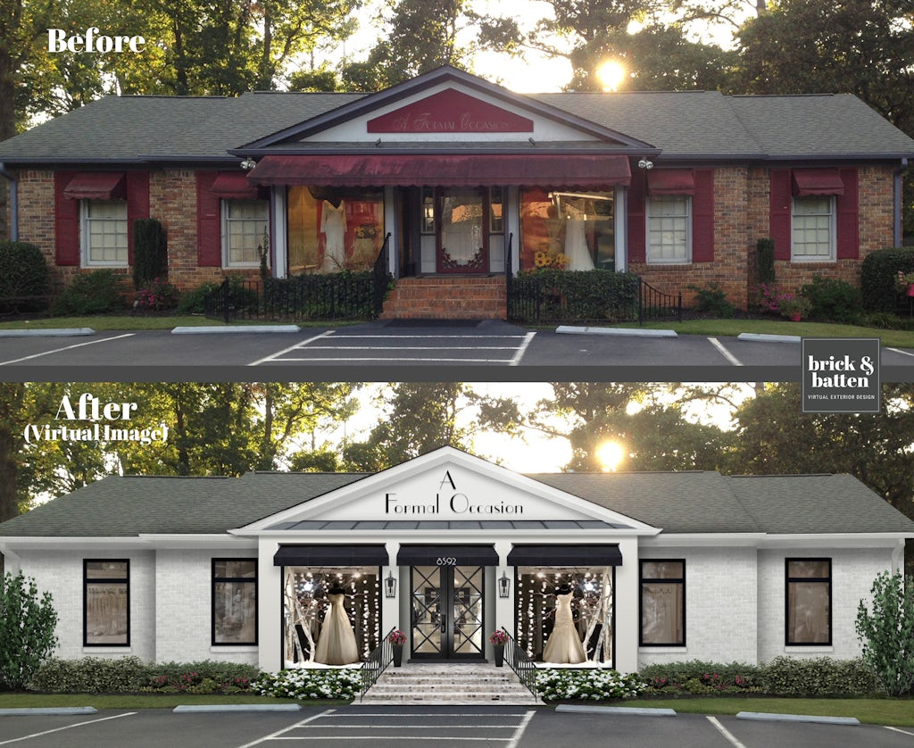Before and after of a bridal boutique's new curb appeal